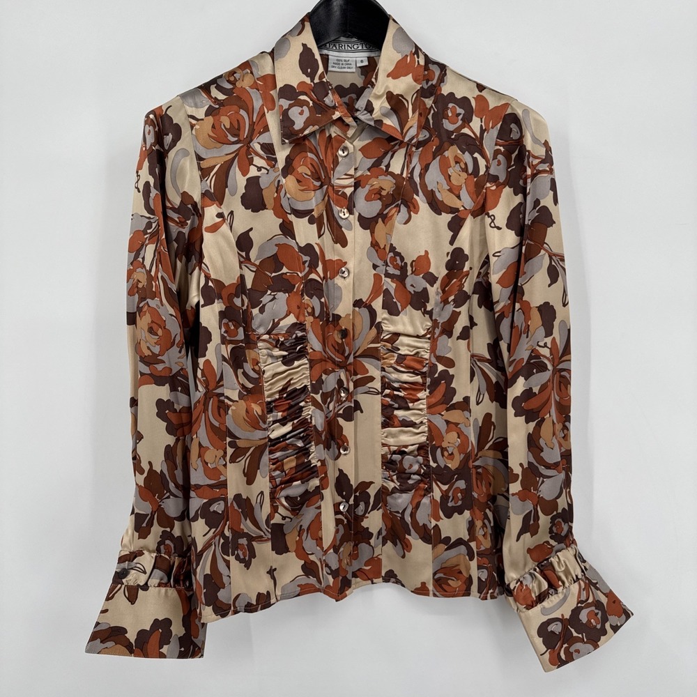 STARINGTON 100% Silk Floral Ruched Blouse Long Sleeve‎ Beautiful Cuffs W Size 6